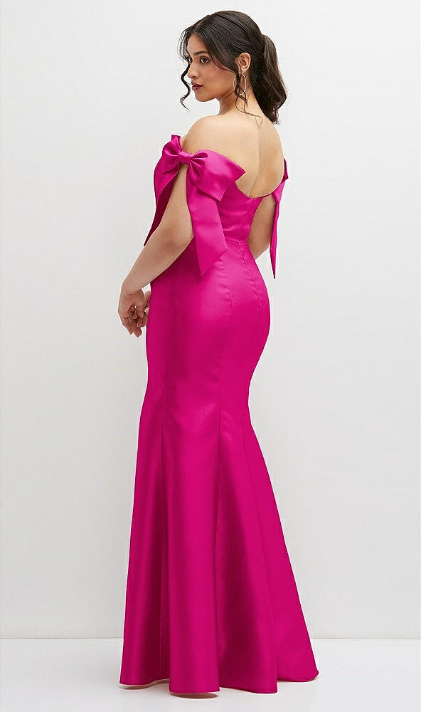 Back View - Think Pink Off-the-Shoulder Bow Satin Corset Dress with Fit and Flare Skirt