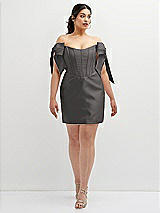 Alt View 2 Thumbnail - Caviar Gray Satin Off-the-Shoulder Bow Corset Fit and Flare Mini Dress