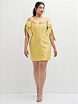 Alt View 2 Thumbnail - Maize Satin Off-the-Shoulder Bow Corset Fit and Flare Mini Dress