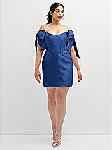 Alt View 2 Thumbnail - Classic Blue Satin Off-the-Shoulder Bow Corset Fit and Flare Mini Dress
