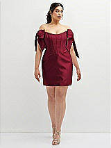 Alt View 2 Thumbnail - Burgundy Satin Off-the-Shoulder Bow Corset Fit and Flare Mini Dress