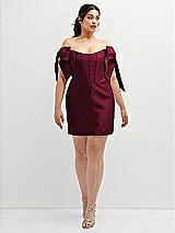 Alt View 2 Thumbnail - Cabernet Satin Off-the-Shoulder Bow Corset Fit and Flare Mini Dress