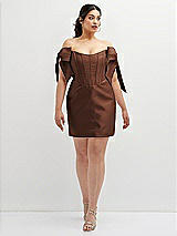 Alt View 2 Thumbnail - Cognac Satin Off-the-Shoulder Bow Corset Fit and Flare Mini Dress