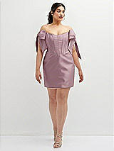 Alt View 2 Thumbnail - Dusty Rose Satin Off-the-Shoulder Bow Corset Fit and Flare Mini Dress
