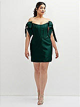 Alt View 2 Thumbnail - Evergreen Satin Off-the-Shoulder Bow Corset Fit and Flare Mini Dress