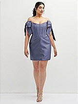 Alt View 2 Thumbnail - French Blue Satin Off-the-Shoulder Bow Corset Fit and Flare Mini Dress