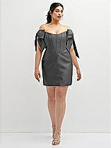 Alt View 2 Thumbnail - Gunmetal Satin Off-the-Shoulder Bow Corset Fit and Flare Mini Dress