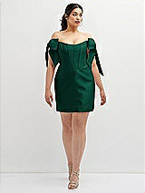 Alt View 2 Thumbnail - Hunter Green Satin Off-the-Shoulder Bow Corset Fit and Flare Mini Dress