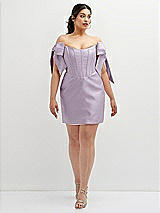 Alt View 2 Thumbnail - Lilac Haze Satin Off-the-Shoulder Bow Corset Fit and Flare Mini Dress