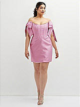Alt View 2 Thumbnail - Powder Pink Satin Off-the-Shoulder Bow Corset Fit and Flare Mini Dress