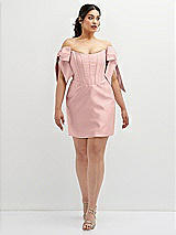 Alt View 2 Thumbnail - Rose - PANTONE Rose Quartz Satin Off-the-Shoulder Bow Corset Fit and Flare Mini Dress