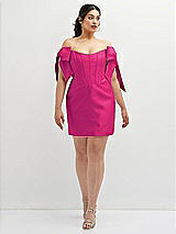 Alt View 2 Thumbnail - Think Pink Satin Off-the-Shoulder Bow Corset Fit and Flare Mini Dress
