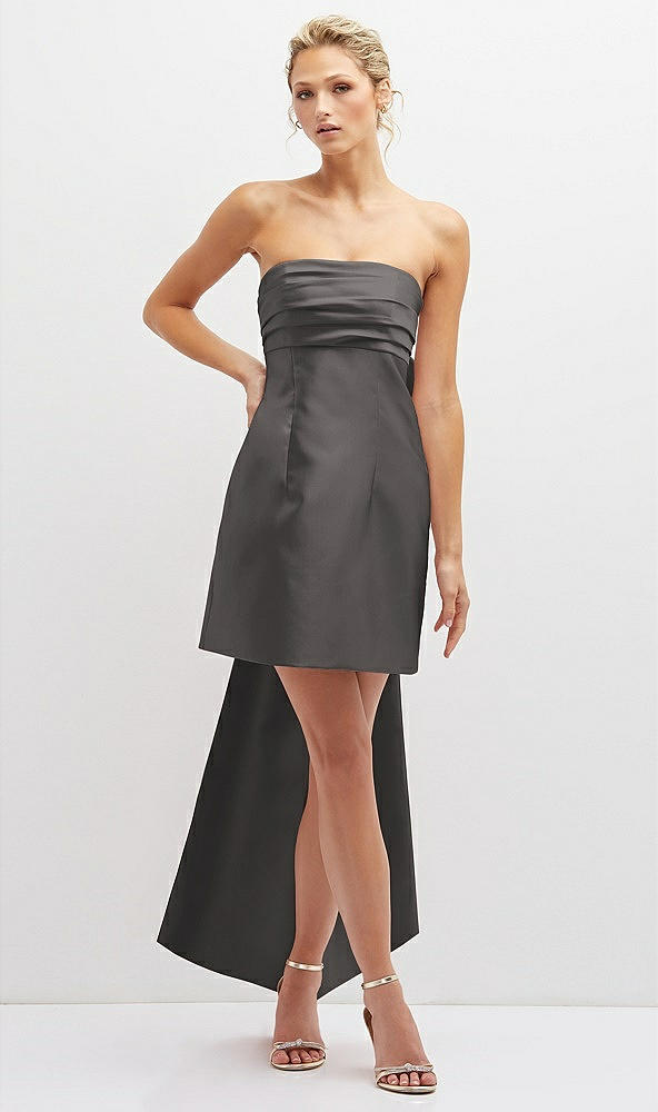 Front View - Caviar Gray Strapless Satin Column Mini Dress with Oversized Bow