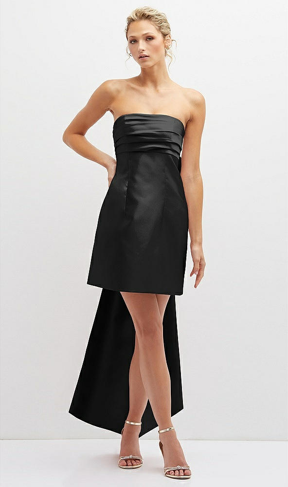 Front View - Black Strapless Satin Column Mini Dress with Oversized Bow