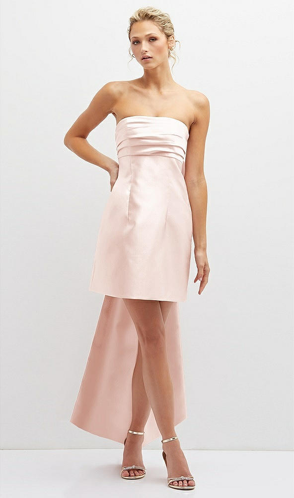 Front View - Blush Strapless Satin Column Mini Dress with Oversized Bow