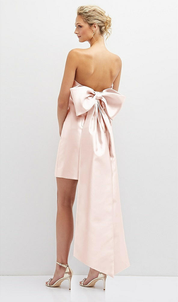 Back View - Blush Strapless Satin Column Mini Dress with Oversized Bow