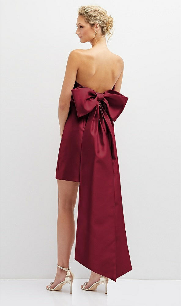 Back View - Burgundy Strapless Satin Column Mini Dress with Oversized Bow