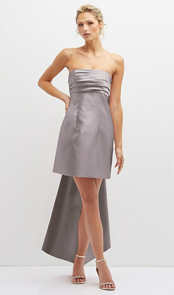 Front View - Cashmere Gray Strapless Satin Column Mini Dress with Oversized Bow