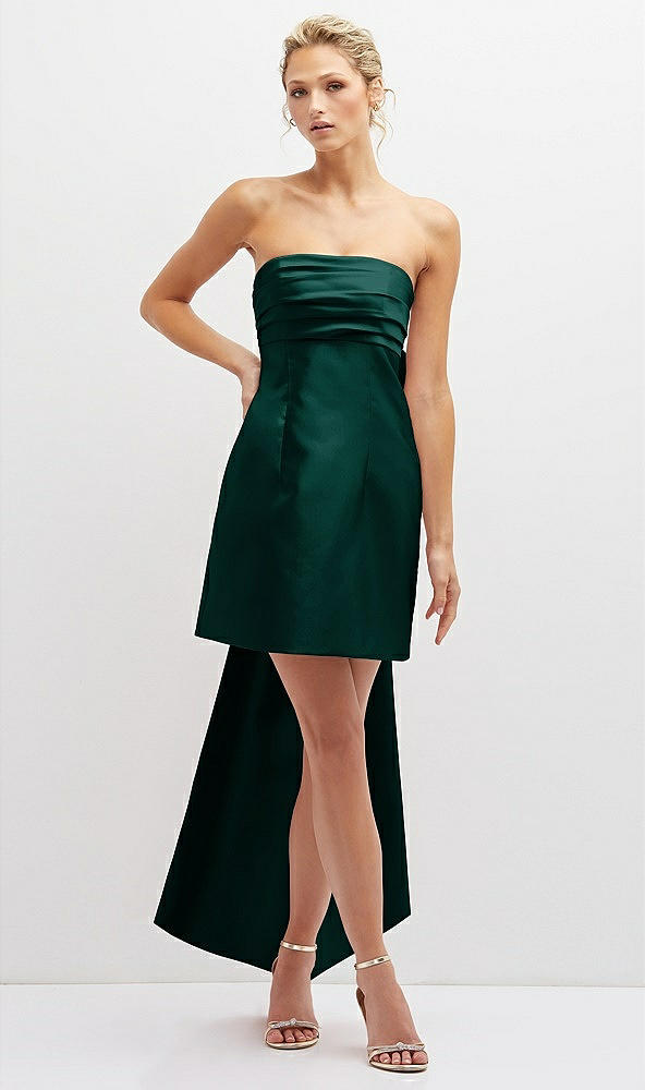 Front View - Evergreen Strapless Satin Column Mini Dress with Oversized Bow