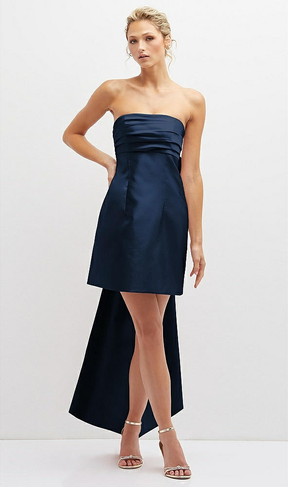 Front View - Midnight Navy Strapless Satin Column Mini Dress with Oversized Bow