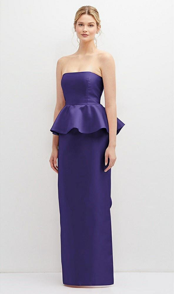 Front View - Grape Strapless Satin Maxi Dress with Cascade Ruffle Peplum Detail