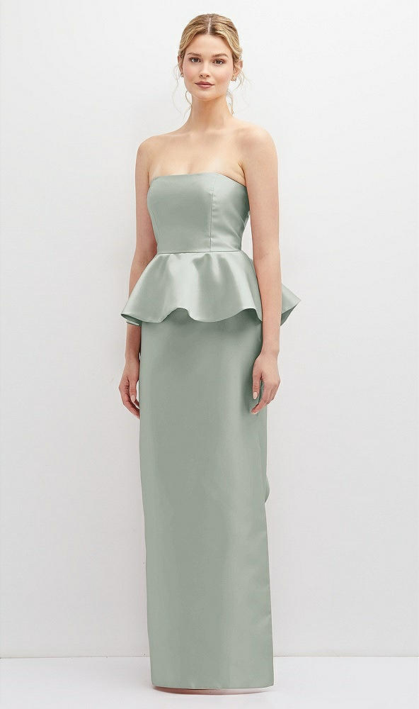 Front View - Willow Green Strapless Satin Maxi Dress with Cascade Ruffle Peplum Detail