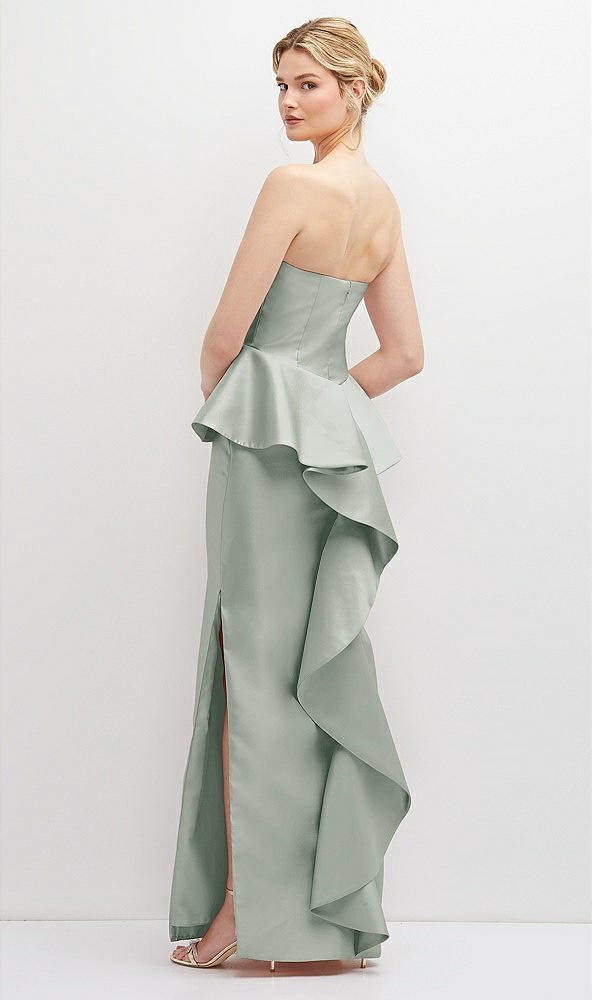 Back View - Willow Green Strapless Satin Maxi Dress with Cascade Ruffle Peplum Detail
