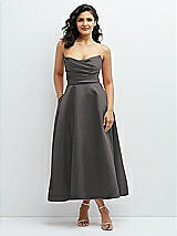 Front View Thumbnail - Caviar Gray Draped Bodice Strapless Satin Midi Dress with Full Circle Skirt