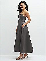 Side View Thumbnail - Caviar Gray Draped Bodice Strapless Satin Midi Dress with Full Circle Skirt