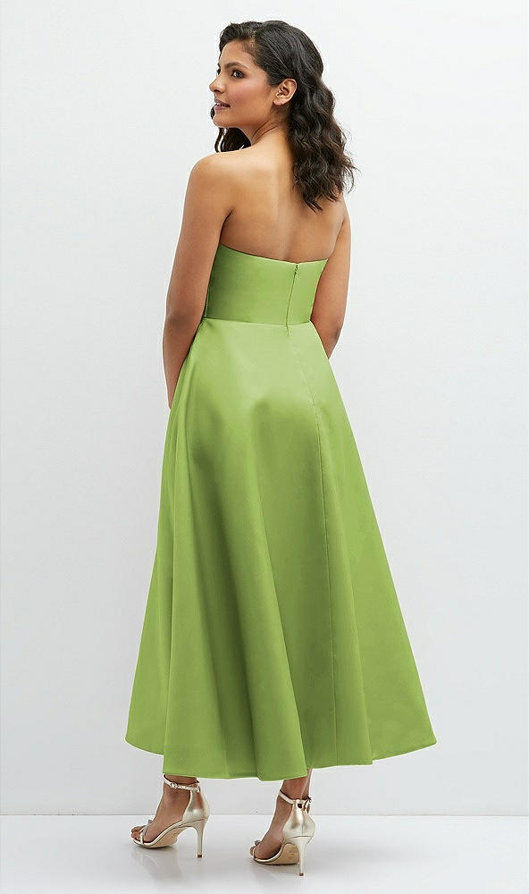 Back View - Mojito Draped Bodice Strapless Satin Midi Dress with Full Circle Skirt