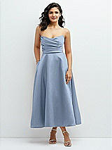 Front View Thumbnail - Cloudy Draped Bodice Strapless Satin Midi Dress with Full Circle Skirt