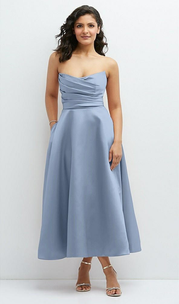 Front View - Cloudy Draped Bodice Strapless Satin Midi Dress with Full Circle Skirt