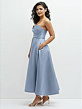 Side View Thumbnail - Cloudy Draped Bodice Strapless Satin Midi Dress with Full Circle Skirt