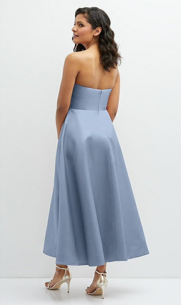 Back View - Cloudy Draped Bodice Strapless Satin Midi Dress with Full Circle Skirt