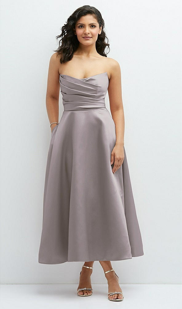 Front View - Cashmere Gray Draped Bodice Strapless Satin Midi Dress with Full Circle Skirt