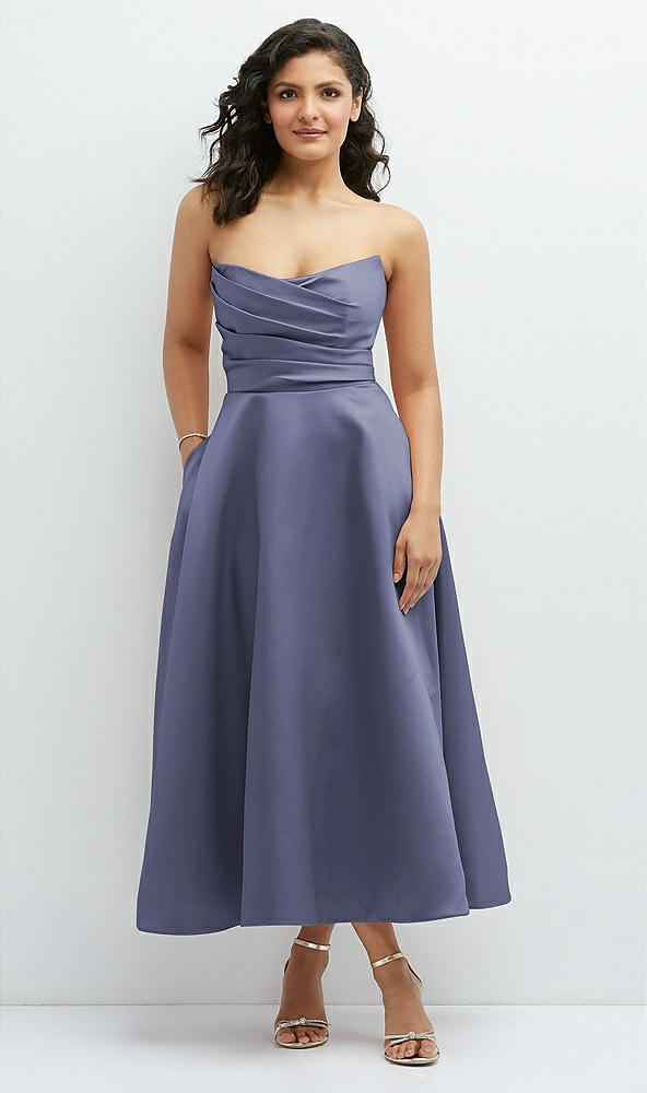Front View - French Blue Draped Bodice Strapless Satin Midi Dress with Full Circle Skirt
