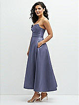 Side View Thumbnail - French Blue Draped Bodice Strapless Satin Midi Dress with Full Circle Skirt