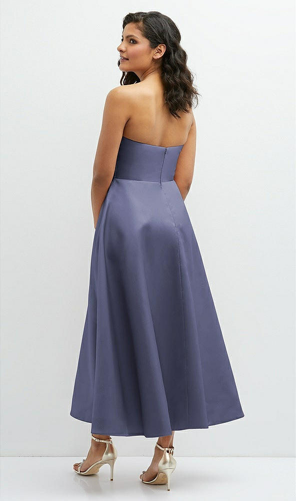 Back View - French Blue Draped Bodice Strapless Satin Midi Dress with Full Circle Skirt