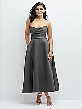 Front View Thumbnail - Gunmetal Draped Bodice Strapless Satin Midi Dress with Full Circle Skirt