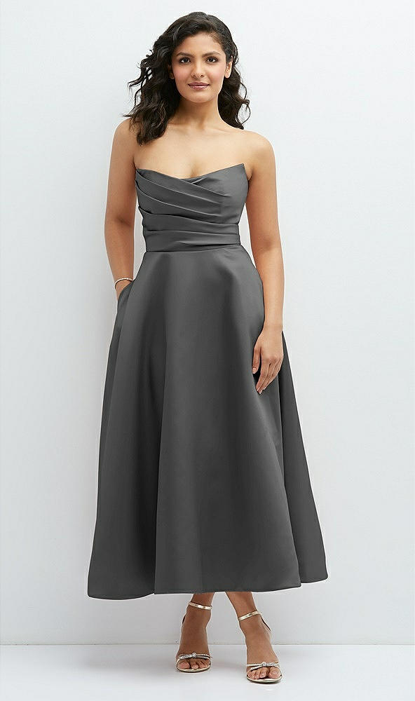 Front View - Gunmetal Draped Bodice Strapless Satin Midi Dress with Full Circle Skirt