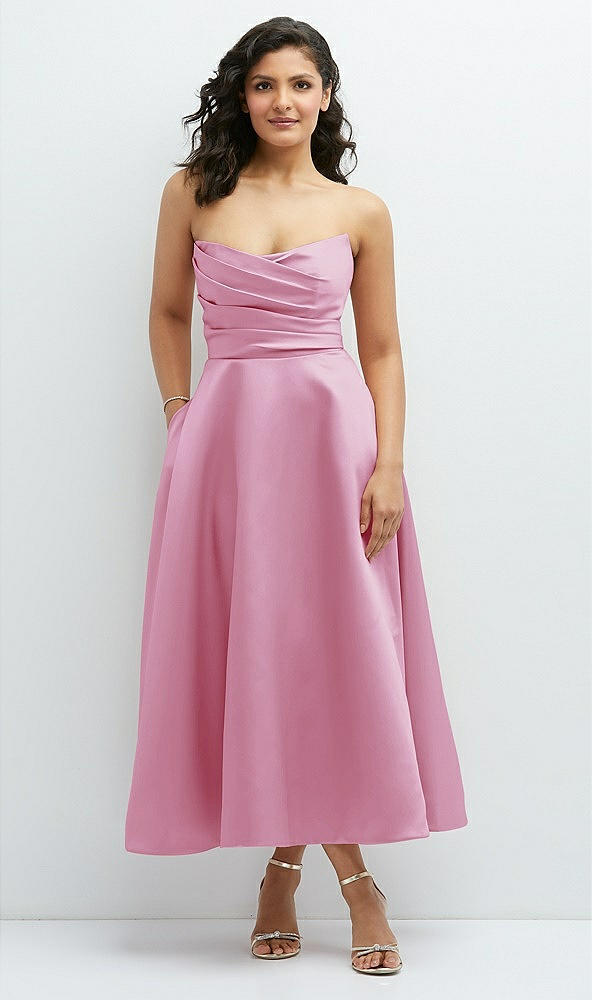 Front View - Powder Pink Draped Bodice Strapless Satin Midi Dress with Full Circle Skirt