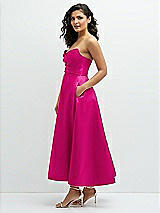 Side View Thumbnail - Think Pink Draped Bodice Strapless Satin Midi Dress with Full Circle Skirt