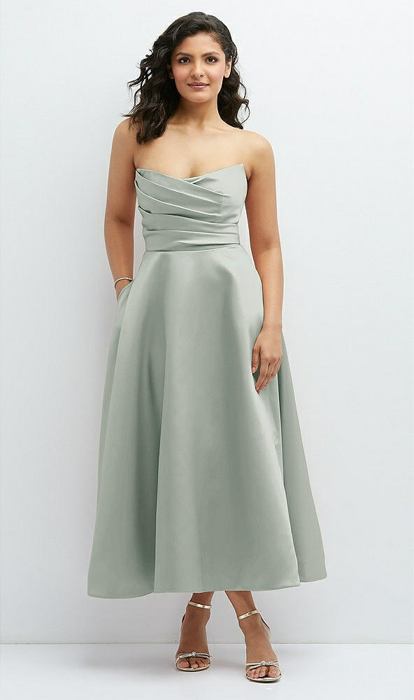 Front View - Willow Green Draped Bodice Strapless Satin Midi Dress with Full Circle Skirt