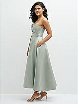 Side View Thumbnail - Willow Green Draped Bodice Strapless Satin Midi Dress with Full Circle Skirt