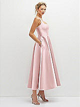 Side View Thumbnail - Ballet Pink Square Neck Satin Midi Dress with Full Skirt & Pockets