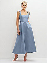 Front View Thumbnail - Cloudy Square Neck Satin Midi Dress with Full Skirt & Pockets