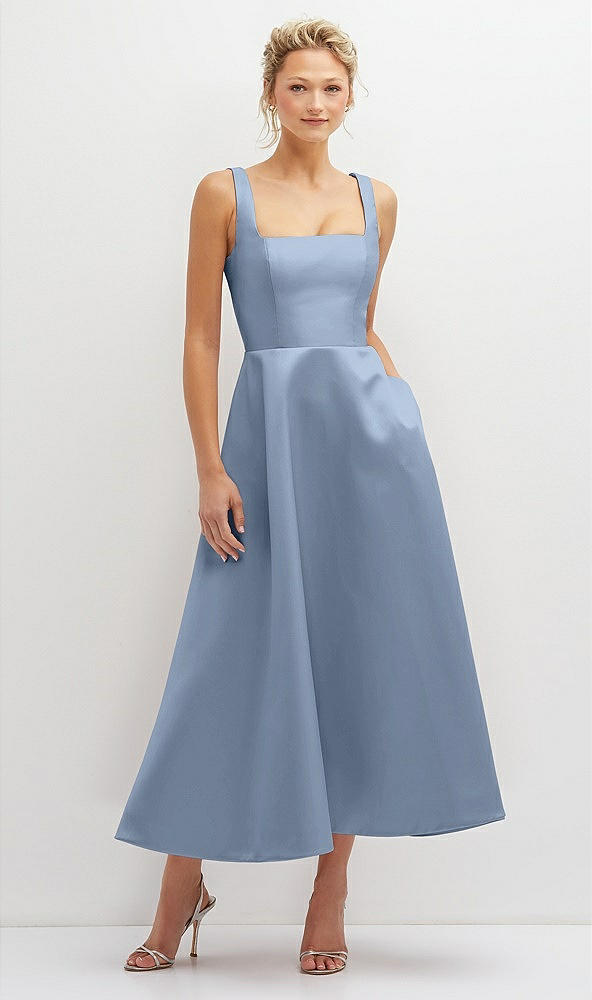 Front View - Cloudy Square Neck Satin Midi Dress with Full Skirt & Pockets