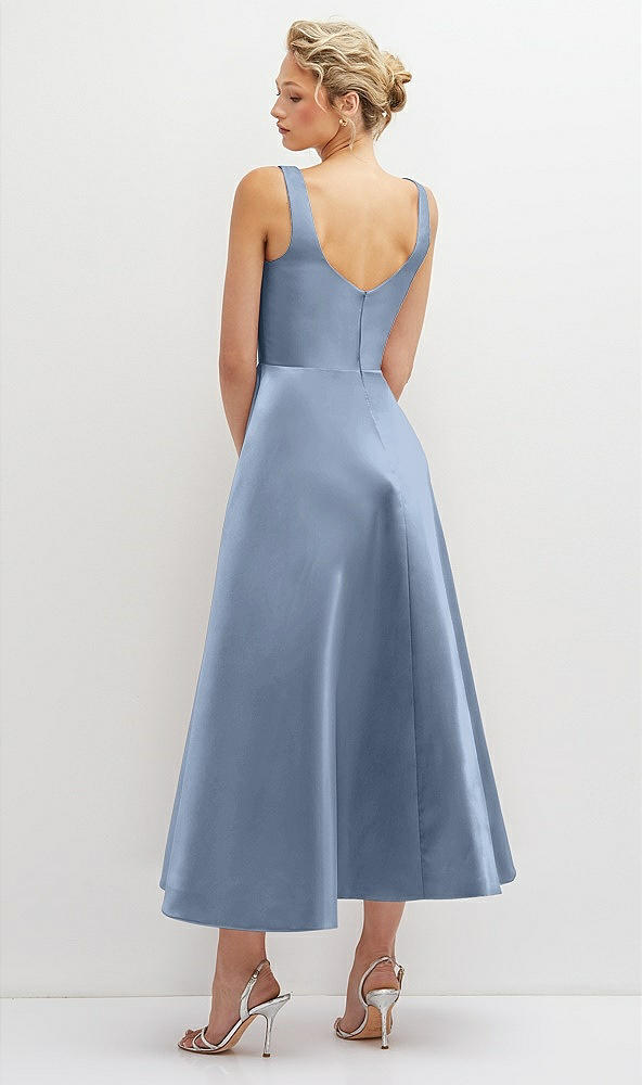 Back View - Cloudy Square Neck Satin Midi Dress with Full Skirt & Pockets