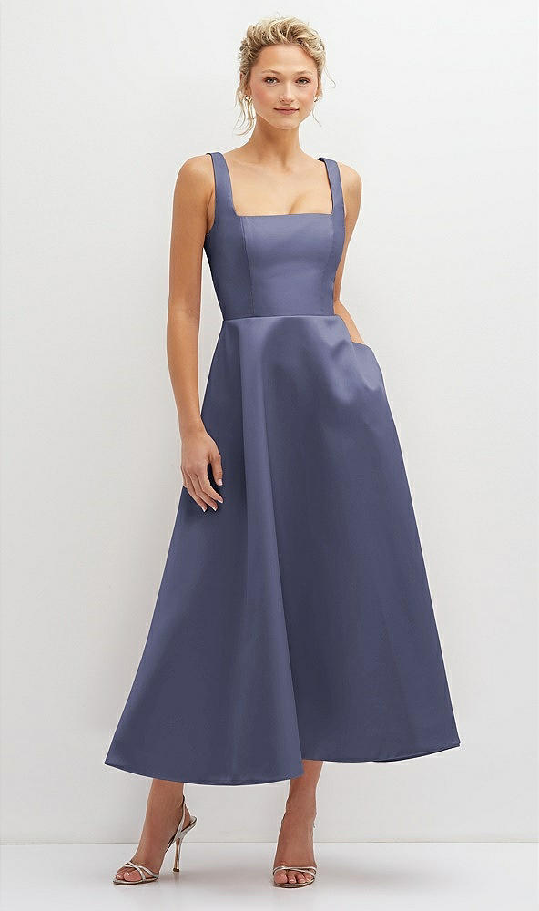 Front View - French Blue Square Neck Satin Midi Dress with Full Skirt & Pockets
