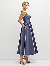 Side View Thumbnail - French Blue Square Neck Satin Midi Dress with Full Skirt & Pockets